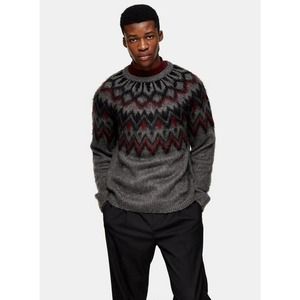 Topman Charcoal and Black Patterned Crewneck Sweater